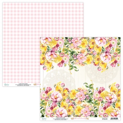 Folha dupla de papel decorativo com padrão xadrez rosa e flores coloridas