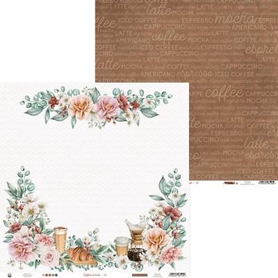 Papel decorativo para scrapbooking com padrão floral e tema café