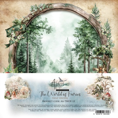 Papel para artesanato com tema de fadas e floresta, texto sobre formato e características no rodapé