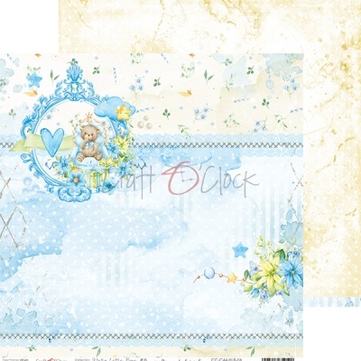 Papel decorativo azul e amarelo com ursinho, flores, estrelas e coração