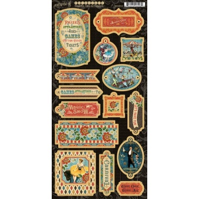 Etiquetas decorativas vintage para carnaval com texto e imagens de circo