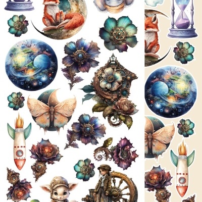 Ilustrações fantasia: ampulheta, raposa, flores, cenas espaciais, borboleta, foguete, personagem vintage, rato e cogumelo.