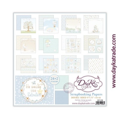 Papel para scrapbooking dupla face com desenhos infantis em tons suaves, marca Dayka Trade