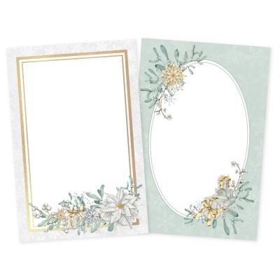 Dois cartões decorativos com molduras douradas, flores brancas, e ramos verdes com presentes dourados