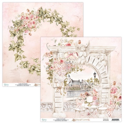 Papel decorativo vintage para scrapbook com arco de pedra, flores e anjos em tons pastel