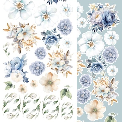 Autocolantes florais em tons azuis, brancos e bege com folhas verdes