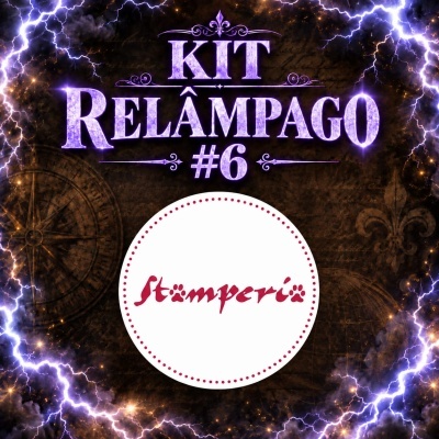 Texto KIT RELÂMPAGO #6 com efeitos de relâmpagos e logótipo stamperia em círculo branco