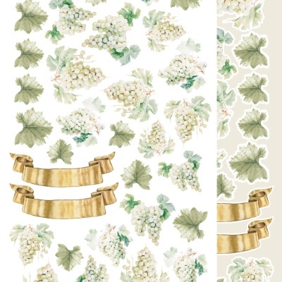 Uvas brancas, folhas verdes e fitas douradas em ilustrações destacáveis para artesanato