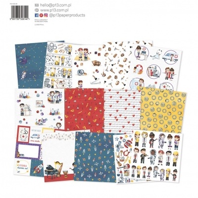 Folhas decorativas com padrões e ilustrações de astronautas, cientistas e instrumentos musicais