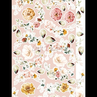 Folhas adesivas decorativas com flores em várias cores sobre fundo rosa