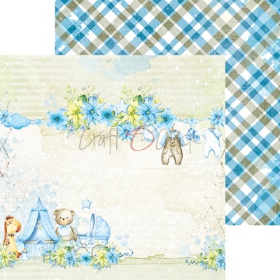 Papel decorativo com urso, girafa, carrinho e padrão xadrez azul.