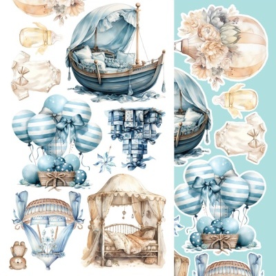 Ilustrações infantis em tons de azul e bege com berço, carrinho em forma de barco, balões e roupas de bebé