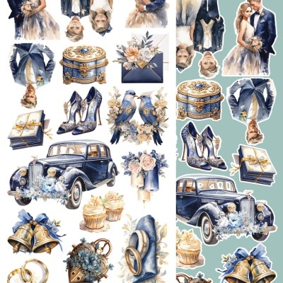 Ilustrações de itens de casamento como casal, sapatos, carro clássico, alianças, flores e sinos.