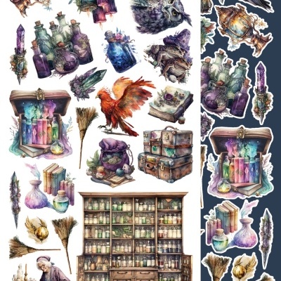 Ilustrações variadas de objetos mágicos e frascos