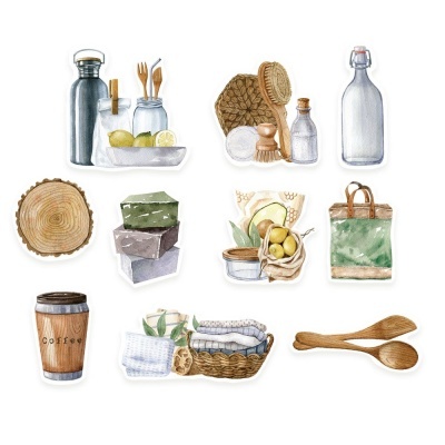 Ilustrações aquareladas de objetos para cozinha e casa em tons neutros e naturais