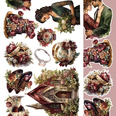 Ilustração romântica com casal, cadeiras, flores, anéis, sapatos e igreja decorada