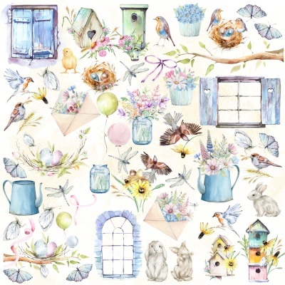 Desenhos aquarelados de elementos primaveris e de natureza, como casas de pássaros, flores e animais.