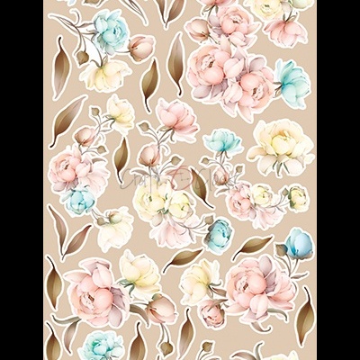 Ilustrações de flores em tons pastel sobre fundo bege.