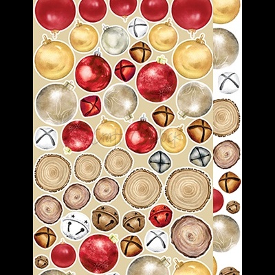 Papel de embrulho com bolas de Natal e sinos em fundo bege