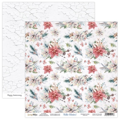 Folha dupla para scrapbook com padrões natalícios em frente e texto 'Happy Anniversary' no verso