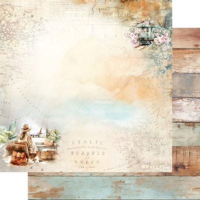 Papel decorativo com mapa antigo e ilustrações de comboio e mulher viajante