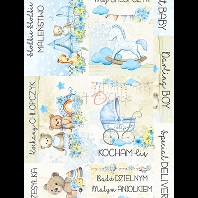 Papel de parede infantil azul com ursinhos, cavalinho, carrinho de bebé e textos em polaco