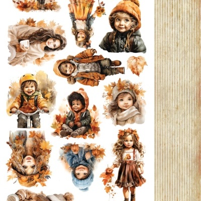 Folha decorativa de outono com ilustrações de crianças e homem e padrão listrado dourado