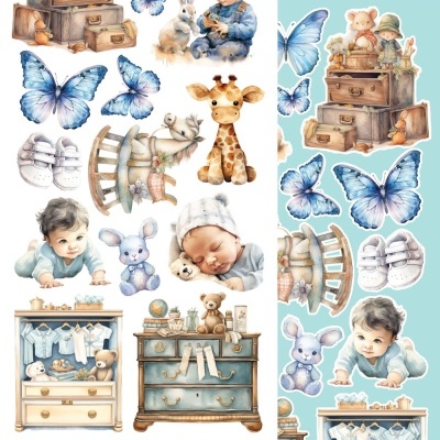 Desenhos infantis em aquarela com borboletas, bebés, brinquedos e móveis de madeira em tons azuis e castanhos