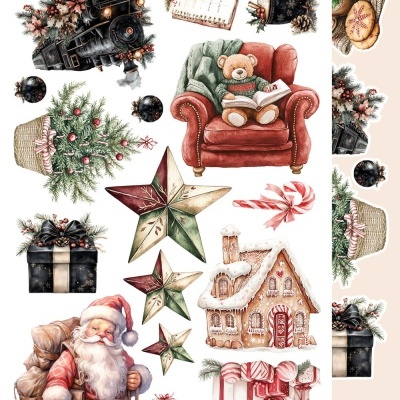 Elementos decorativos de Natal variados incluindo Pai Natal, ursinho, casinha de gengibre, estrelas, presentes, árvore e comboio
