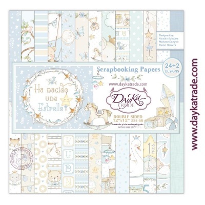 Papel de scrapbook com designs infantis, cores pastel e texto 'Ha nacido una Estrella'.