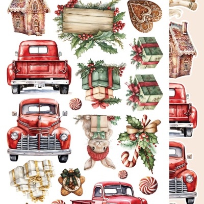 Adesivos de Natal vintage com Pai Natal, carrinhas vermelhas, casa de gengibre e presentes.