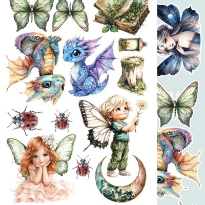 Ilustrações de fadas, dragões, borboletas, joaninhas e plantas em frascos sobre fundo branco