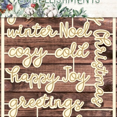 Decorações em chipboard leve com palavras temáticas de inverno e Natal sobre fundo de madeira