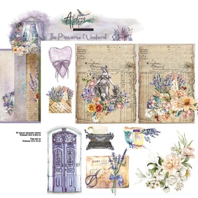 Ilustrações temáticas Provence com flores, porta azul, máquina de escrever, cartas e véu cor-de-rosa