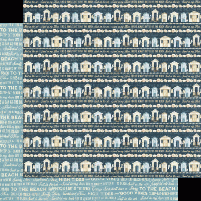 Papéis decorativos com padrão de casas de praia e texto relacionados à praia