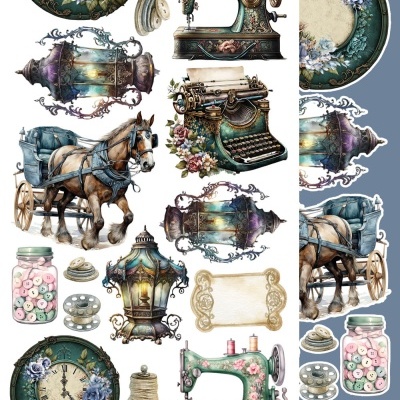 Ilustrações vintage de relógios, máquinas de costura, cavalo com carroça, jarros com botões e lanternas decorativas