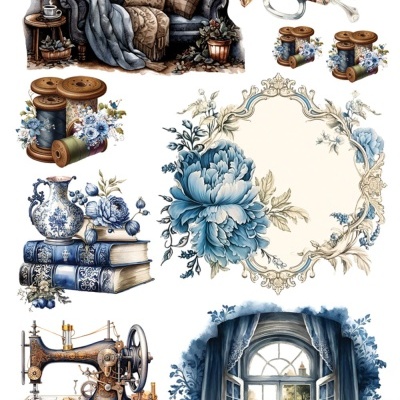 Elementos decorativos vintage com flores azuis, rádio antigo, máquina de costura, livros, janela e moldura floral em estilo clássico