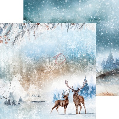 Papel decorativo com tema de inverno mostrando renas e flocos de neve