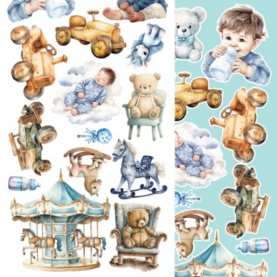 Ilustração de elementos infantis: menino, ursinhos, brinquedos de madeira e carrossel.