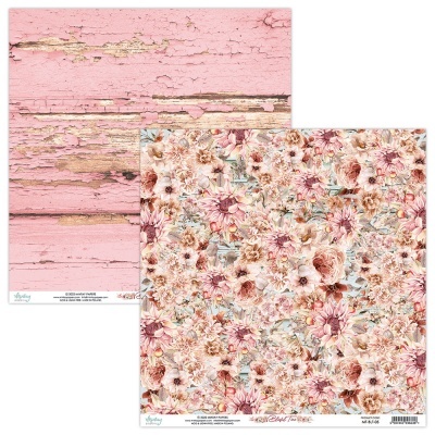 Papel decorativo para scrapbook com padrão floral e textura de madeira rosa