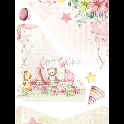 Padrão decorativo infantil com brinquedos, flores, estrelas e texto 'CRAFT CLOCK' e 'BABY' em rosa