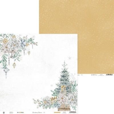 Folha de papel decorativo de Natal com flores, árvore e presentes de um lado, padrão amarelo do outro.