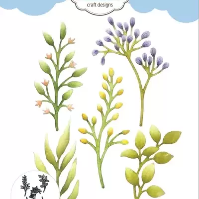 Ramos decorativos coloridos com fundo branco e topo azul