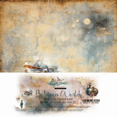 Fundo envelhecido com avião antigo e rótulo artístico Between Worlds com código de barras