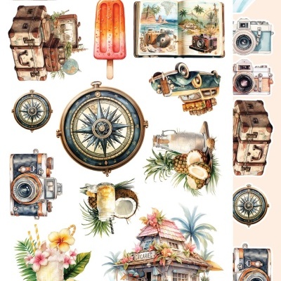 Ilustrações de câmaras fotográficas vintage, bússolas, bebidas tropicais, cabana e elementos de viagem.