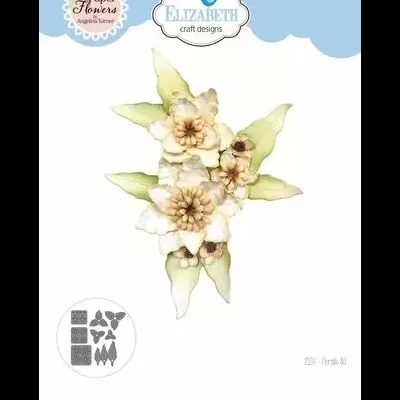 Flores decorativas de papel em tons verdes e creme com etiquetas da marca e desenhos para recorte.