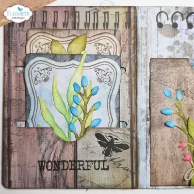 Caderno decorativo com flores azuis, borboleta e palavra WONDERFUL