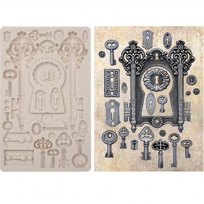 Moldes de silicone branco com desenhos vintage de chaves e fechaduras e placa impressa com padrão semelhante