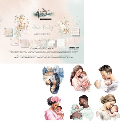 Ilustrações digitais de pais a segurar bebés em cores suaves sobre um fundo com texto em polaco e inglês