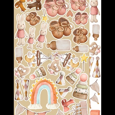 Adesivos de desenho com sapatinhos de bebé, coelhos, brinquedos, arco-íris e decorações em tons pastel